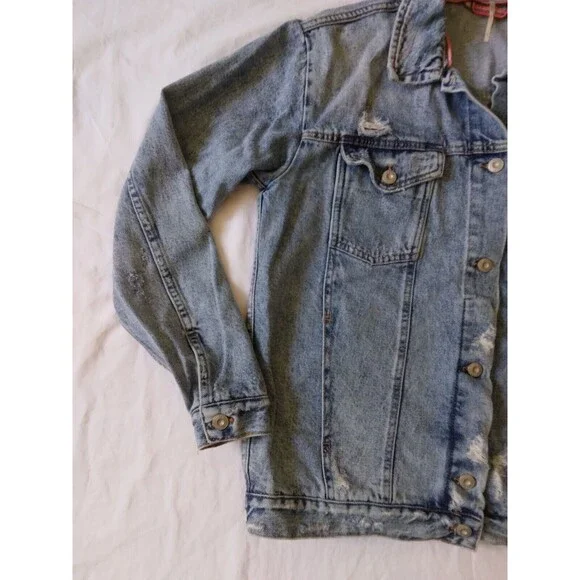 Free People Denim Jacket Trucker Grunge Distress Oversize 90s Womens Size Small - Picture 4 of 11